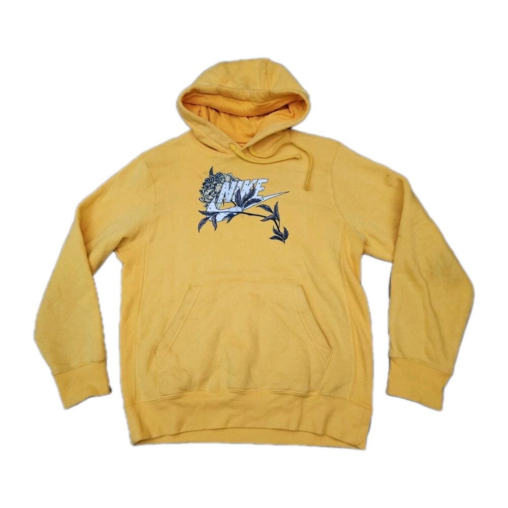 Nike Sportswear Club Hoodie Graphic Logo Swoosh Floral Mens Small Yellow